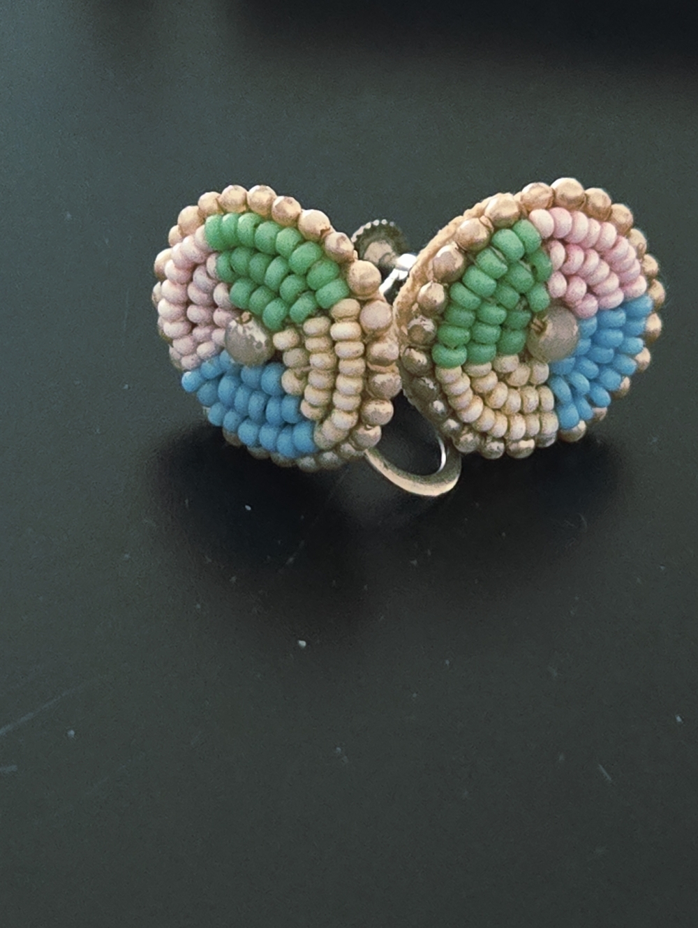 Vintage 1950's Handmade Multicolor Seed Beaded  Screw Back Ea- Pink, Green, Blue